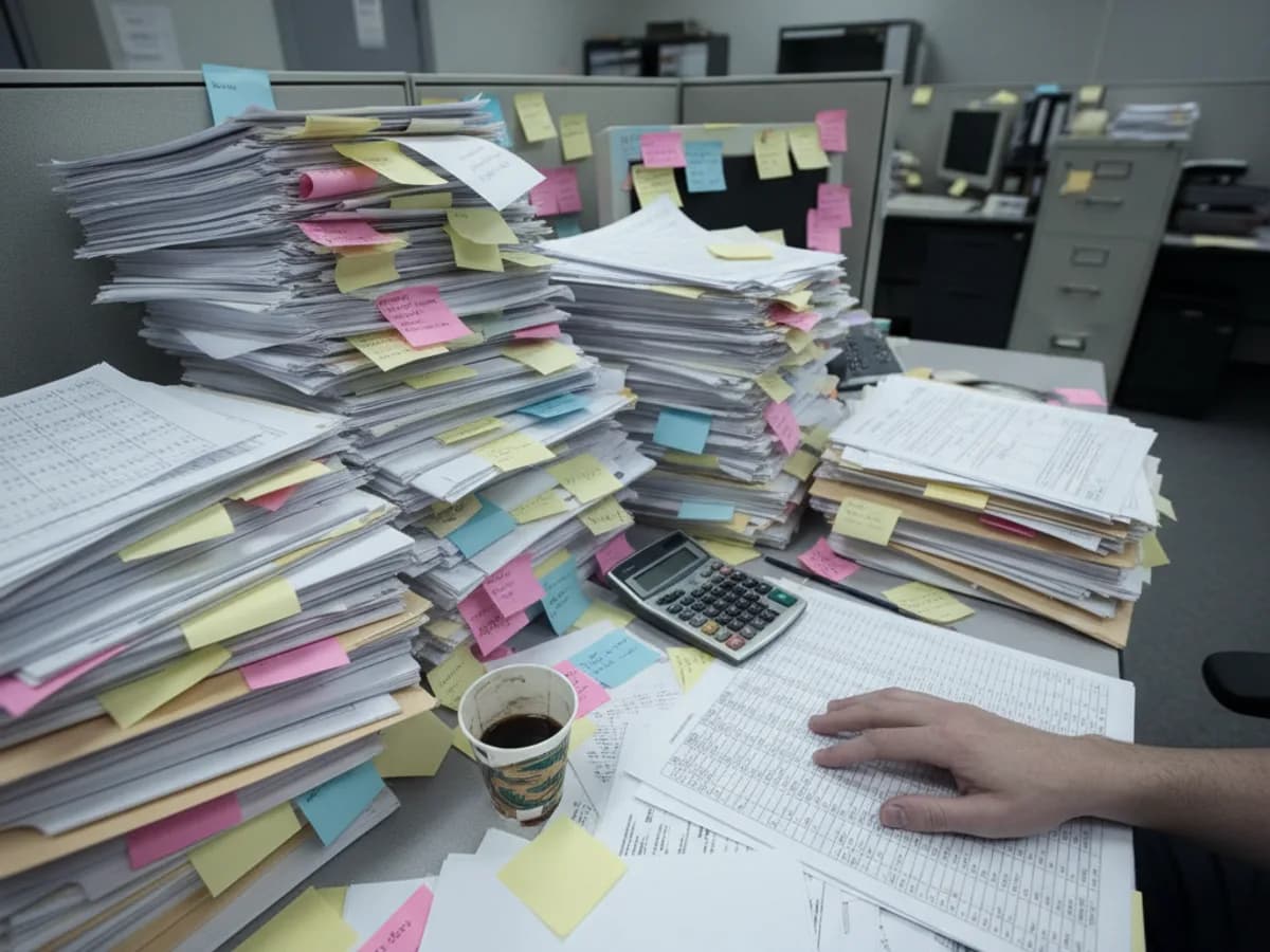 Escritorio desbordado de hojas de cálculo impresas y notas adhesivas