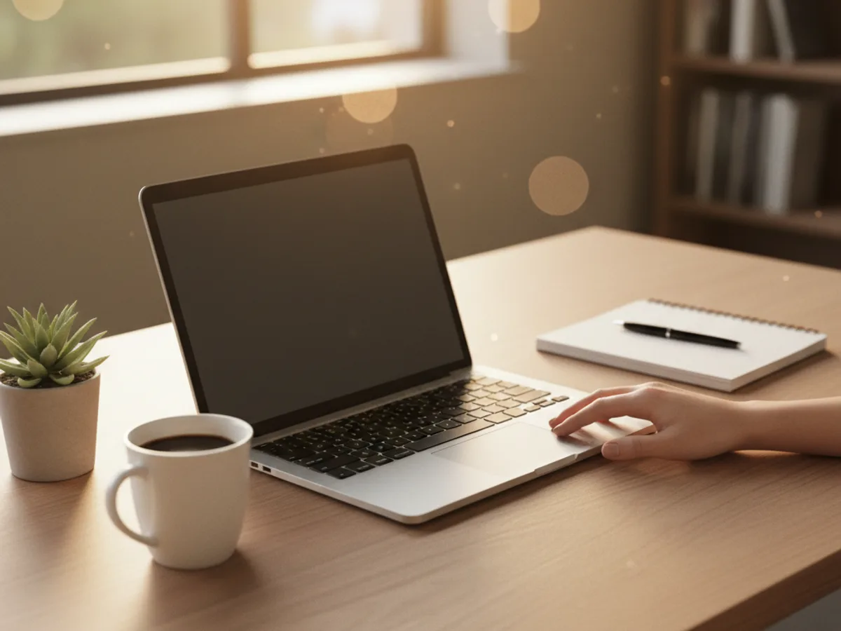 Escritorio limpio y ordenado con una laptop, en calma