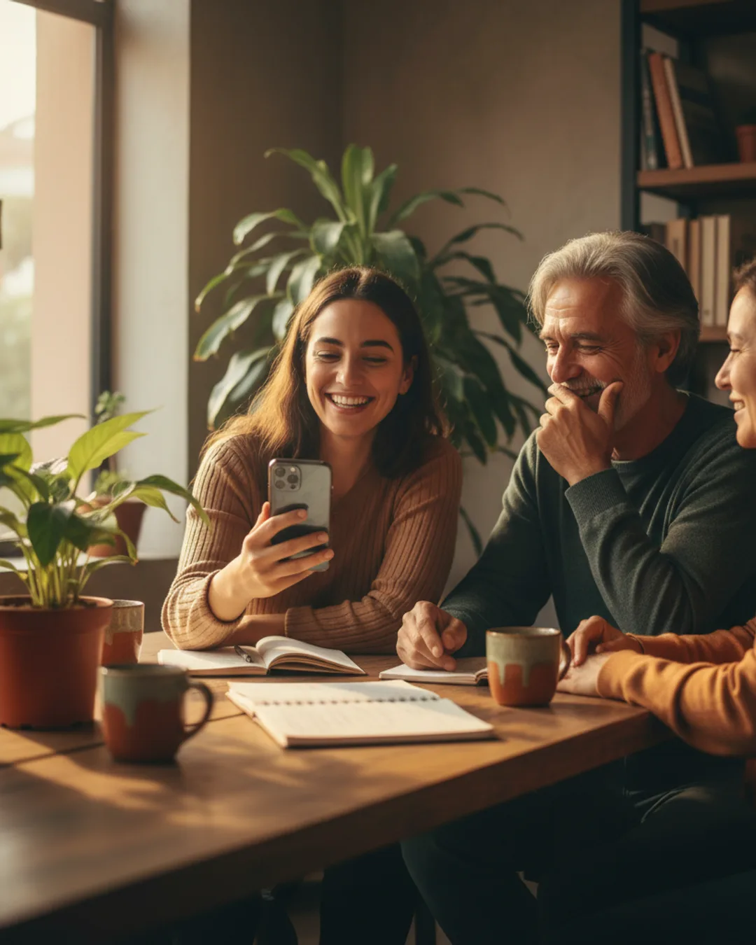 Tres compañeros de una PYME comparten un momento alrededor de una mesa, con luz cálida